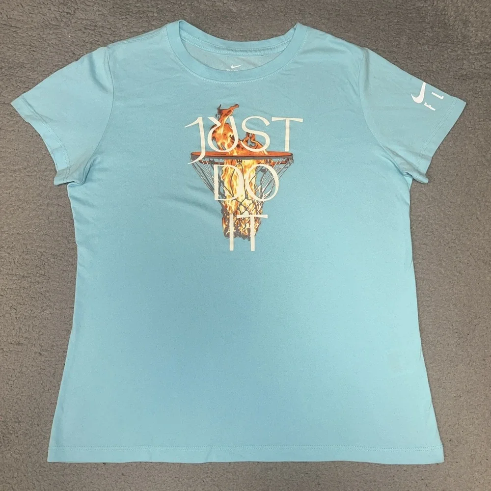 Nike Fly Just Do It T Shirt Women's Sz L Blue Dri-Fit Flaming Net Tee DM2569-482